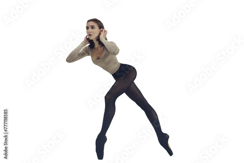 young ballerina demonstrates choreography on pointe shoes, isolated on transparent background, png