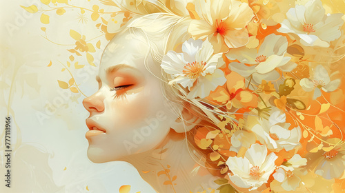 Fototapeta Naklejka Na Ścianę i Meble -  Watercolor young woman with flowers portrait art. Colorful creative watercolor illustration. The young lady with flowers adorning her hair