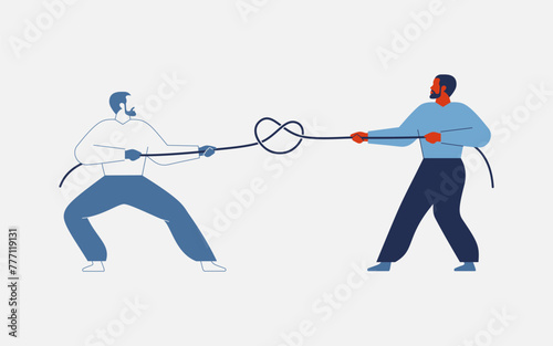 Internal conflict. Man tugs of war with his inner personality.  Struggle between fears and development. Male person pulls a rope between desire to grow and Uncertainty. Life dilemma, decision making