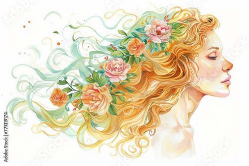 Watercolor young woman with flowers portrait art. Colorful creative watercolor illustration. The young lady with flowers adorning her hair