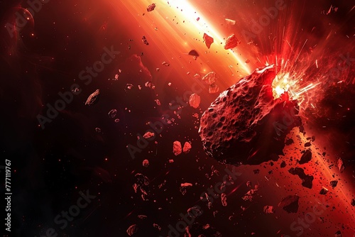 Red asteroid flying in space, broken into pieces and debris around it