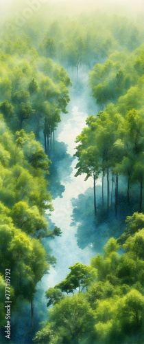 for advertisement and banner as Forest Canopy A watercolor canopy of forest greenery from a bird eye view. in watercolor landscape theme theme ,Full depth of field, high quality ,include copy space on © Gohgah
