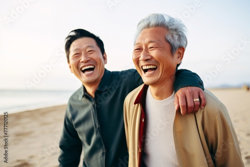 Senior father hugging son, have a happy feeling together. Happy active senior couple having fun outdoors. Generative AI.
