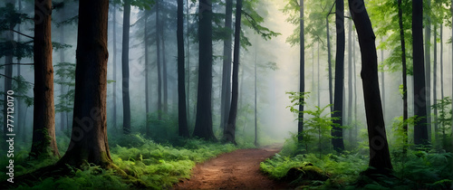 for advertisement and banner as Forest Whispers Convey the mystical allure of whispering woods and forests. in Fresh Landscape theme  Full depth of field  high quality  include copy space on left  No 