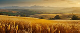 for advertisement and banner as Golden Fields Depict the warmth and richness of landscapes bathed in golden hues. in Fresh Landscape theme ,Full depth of field, high quality ,include copy space on lef