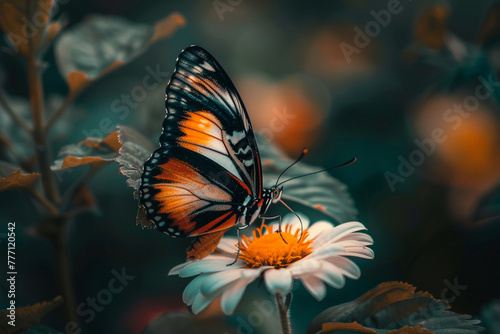 An HD photograph of a delicate butterfly perched on a flower, capturing its intricate wings and vibrant colors. © CREATER CENTER