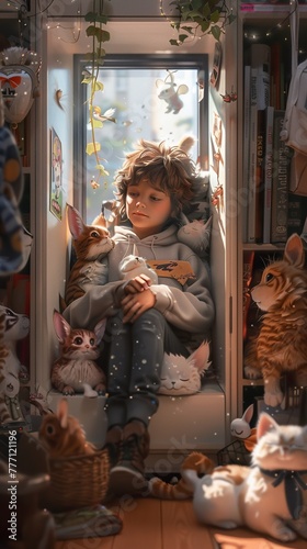 A comfortable, cartoonish fantasy scene where an 18yearold rests in a cozy cabinet, surrounded by whimsical creatures and soft hues,