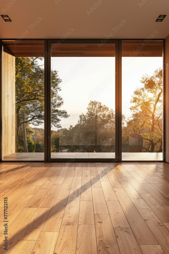 A clean, modern wooden empty space with frameless glass door, with nature view A clean, modern wooden empty space with frameless glass door, with nature view