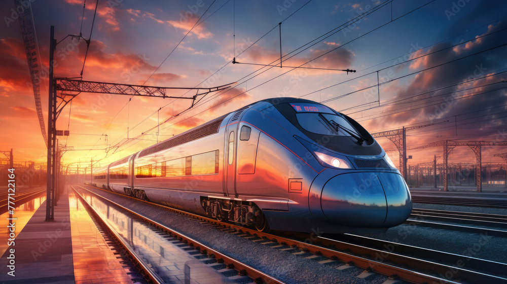 Beautiful view with modern high speed train on the railway station and colorful sky with clouds at sunset in Tokaido Shinkansen with view of mountain fujiyama. Industrial landscape