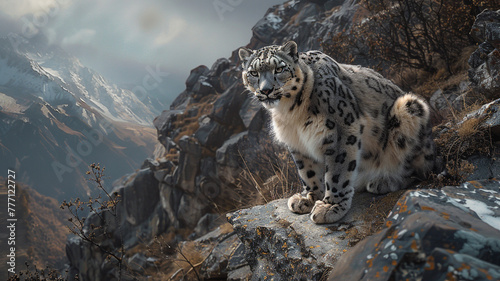 Awe-inspiring ultra 4k, 8k photo of a snow leopard perched on a rocky ledge, its piercing gaze fixed on its prey, captured with unparalleled realism by an HD camera. © CREATER CENTER