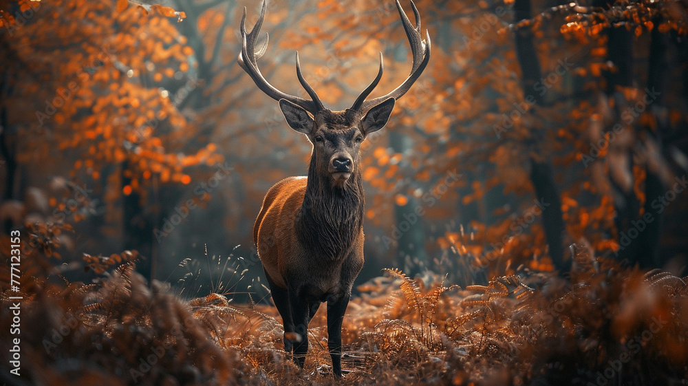 Awe-inspiring ultra 4k, 8k photo of a majestic stag standing proudly amidst a forest clearing, its antlers towering above the surrounding foliage, captured with unparalleled realism by an HD camera. - obrazy, fototapety, plakaty 