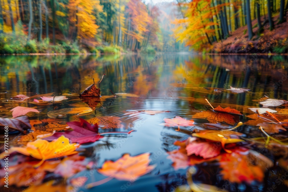 A tranquil river meanders through the autumn forest. With fallen leaves floating gently on the surface of the water.