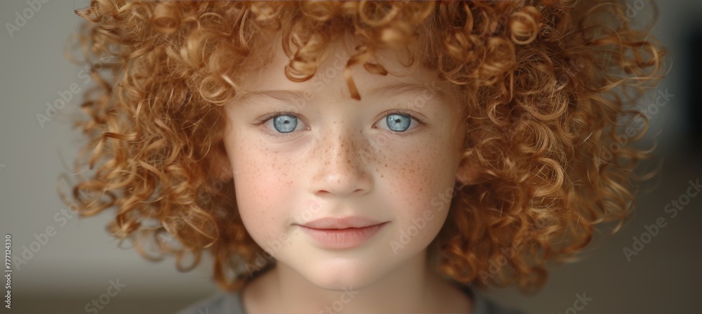 Joyful child with curly hair smiling brightly and looking directly at the camera