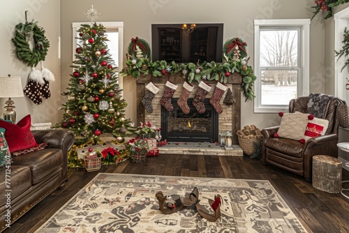 Holiday Season Decor in Warm Living Room with Christmas Tree