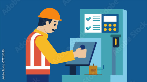A worker carefully examining a machine while referencing a detailed safety manual provided during their compliance training session.