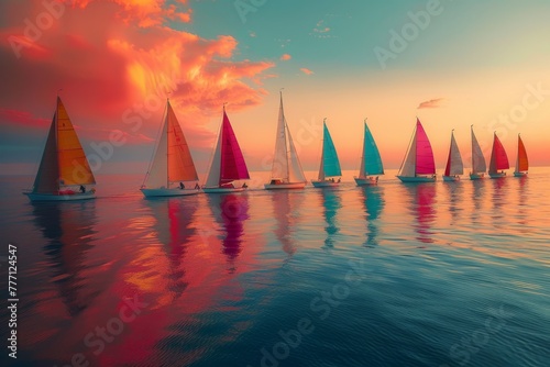 An array of brightly colored sailboats sailing on the open sea.
