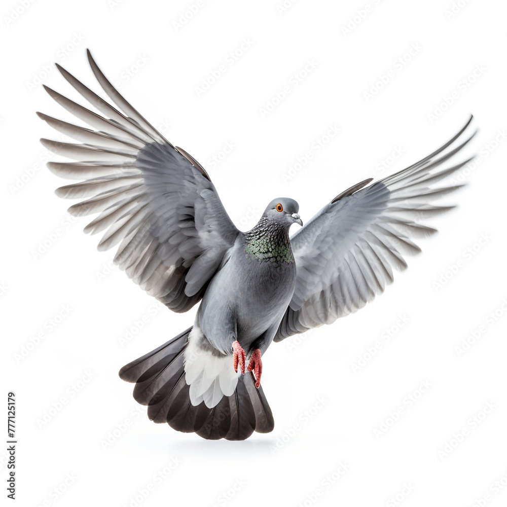 Fototapeta premium Grey pigeon on flight isolated on white background сreated with Generative Ai