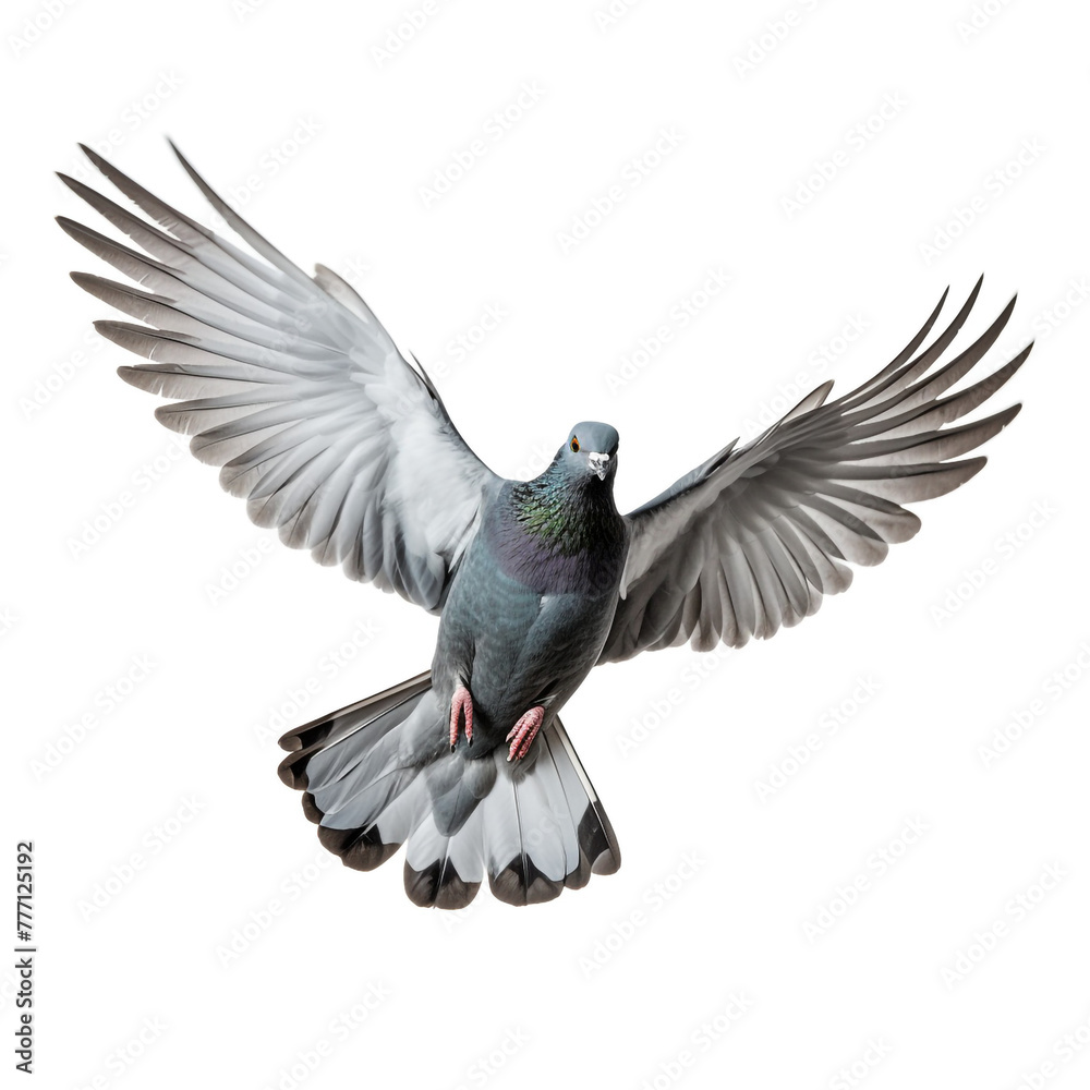 Obraz premium Grey pigeon on flight isolated on white background сreated with Generative Ai