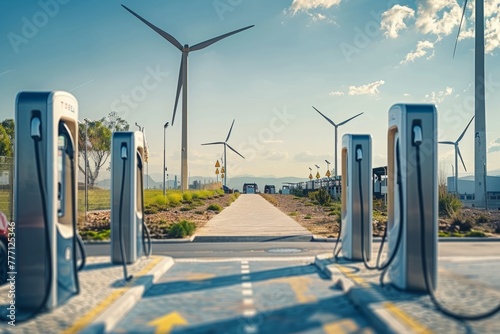 Eco-Friendly Electric Car Charging Hub with Wind Turbines