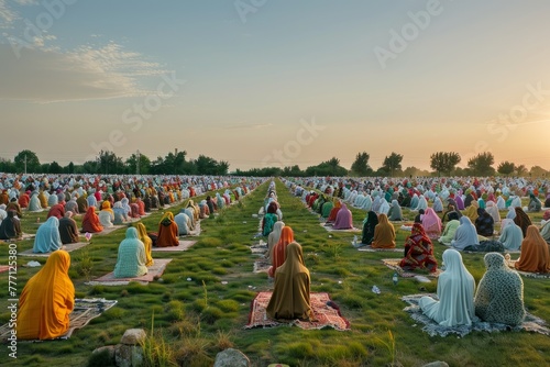 Eid al-Fitr Prayer Gathering at Sunset with Faithful Worshippers