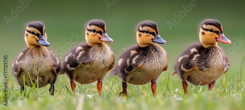 Adorable ducklings exploring near a glistening lake in a charming and delightful scene