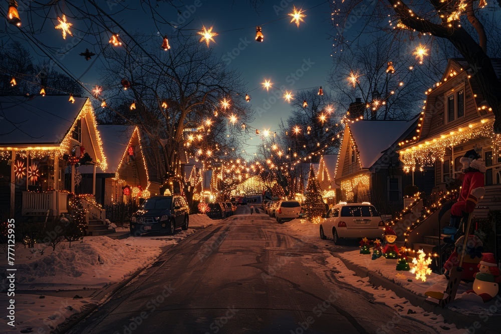 Holiday Sparkle: Snow-Covered Street with Christmas Lights