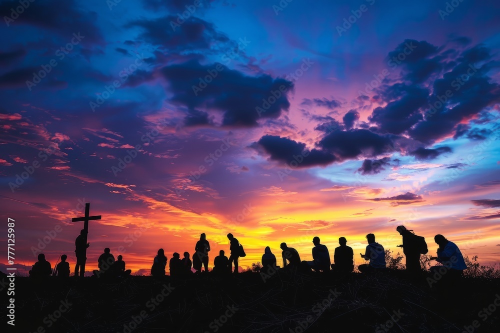 Silhouetted Group Against a Vivid Sunset Sky