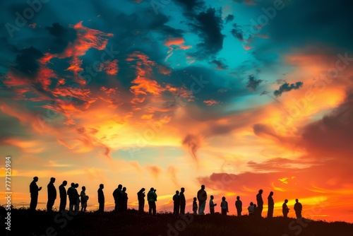 Worshippers at Dusk Silhouetted by Colorful Sky