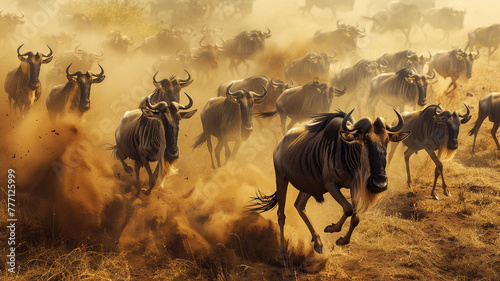 Captivating ultra 4k, 8k photo of a herd of wildebeest stampeding across the African plains during the Great Migration, their thunderous hooves kicking up clouds of dust as they race toward photo