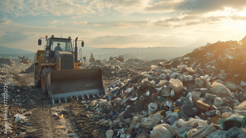 Bulldozer at a garbage dump. The concept of improper garbage disposal. Negative Human Impact on the Environment. photo