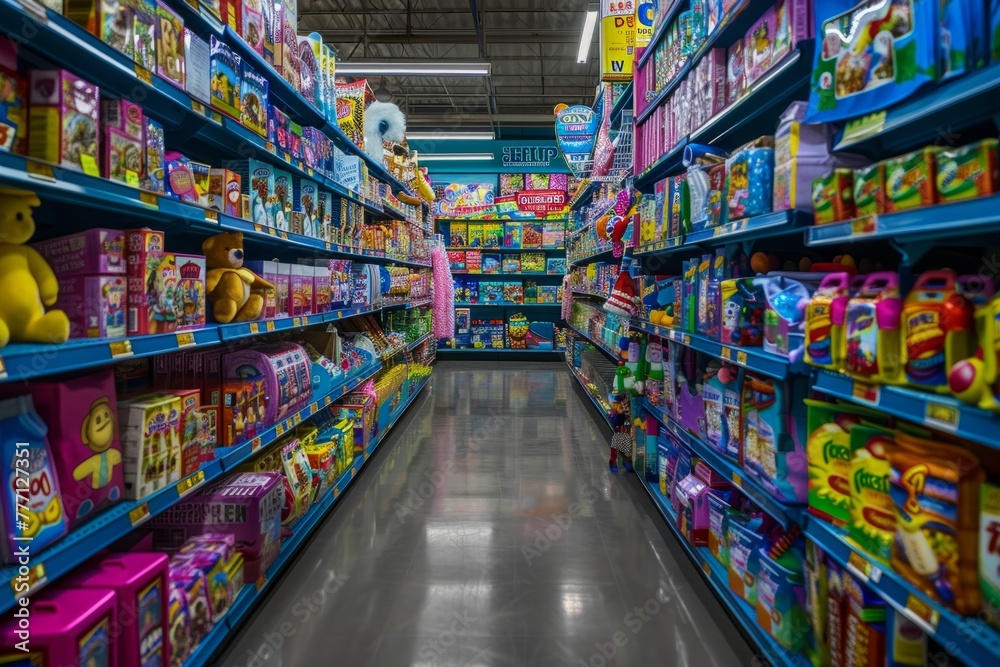 Vibrant Toy Store Aisle Bursting with Holiday Gifts