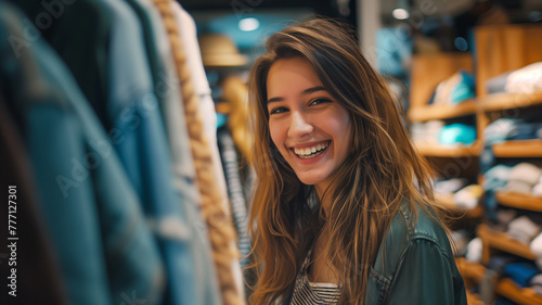 European girl choosing clothes in a store. Girl smiling in boutique