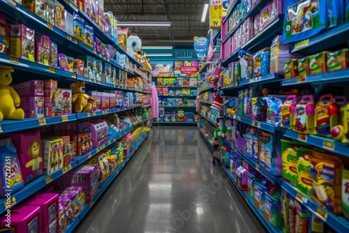 Vibrant Toy Store Aisle Bursting with Holiday Gifts