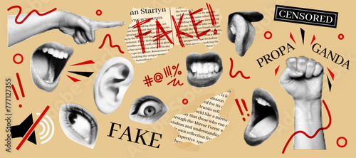 Fake news. Vintage paper collage. Retro halftone. Newspaper mouth and hand fist torn pieces. Punk woman. Censored sticker. Ear or shouting lips. Propaganda misinformation. Hoax true. Vector background © Natalia