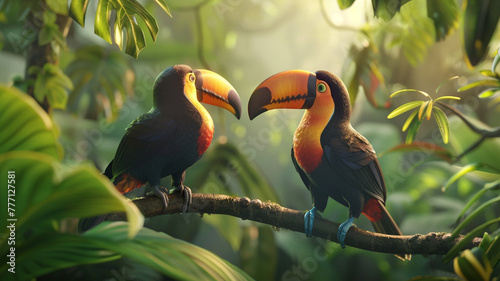 Enchanting ultra 4k, 8k photo of a pair of colorful toucans perched on a branch in the lush rainforest, their vibrant plumage and curious expressions captured with unparalleled realism  © CREATER CENTER