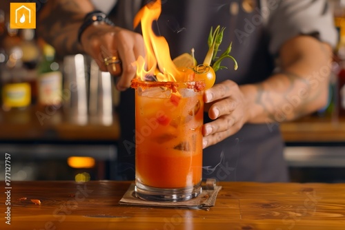 Bartender Flamboyantly Ignites Cocktail with Orange Zest Garnish at a Rustic Wooden Bar Counter photo