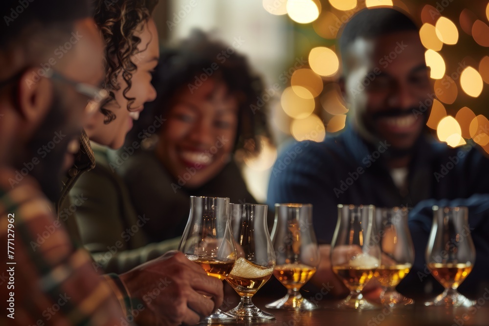 Naklejka premium Joyful Whisky Tasting Event with Friends, Warm Indoor Lighting