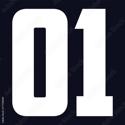 01 Classic Vintage Sport Jersey / Uniform numbers in black with a black outside contour line number on white background for American football, Baseball and Basketball