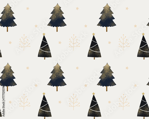 white Christmas seamless paper texture, Christmas trees decorated with golden glitter and stars. Minimalist scandi winter background