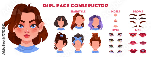 Face woman construction. Avatar girl. Cartoon character generator kit. Mouth and nose. Eye with brow. Facial animation. Smile lips. Beautiful hairstyle. Attractive young female. Vector tidy create set