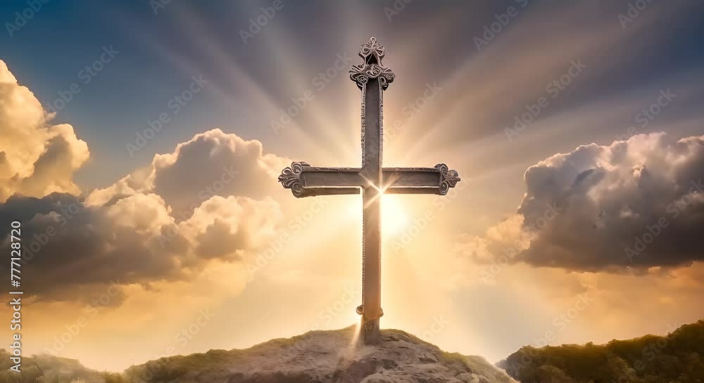 Jesus cross symbol on infinite sky background Sky with clouds and sun rays background with Christian cross in the middle Christian religion Cross on sky background Jesus cross symbol on infinite sky background Sky with clouds and sun rays background with Christian cross in the middle Christian religion Cross on sky background