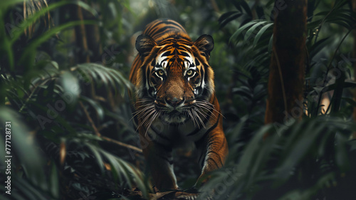 Majestic ultra 4k, 8k photo of a regal Bengal tiger prowling through the dense foliage of the jungle, its powerful muscles rippling beneath its striped fur, captured with breathtaking
