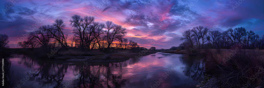 Twilight Serenity: A Tranquil Evening Landscape of River, Sky, and Silhouetted Trees