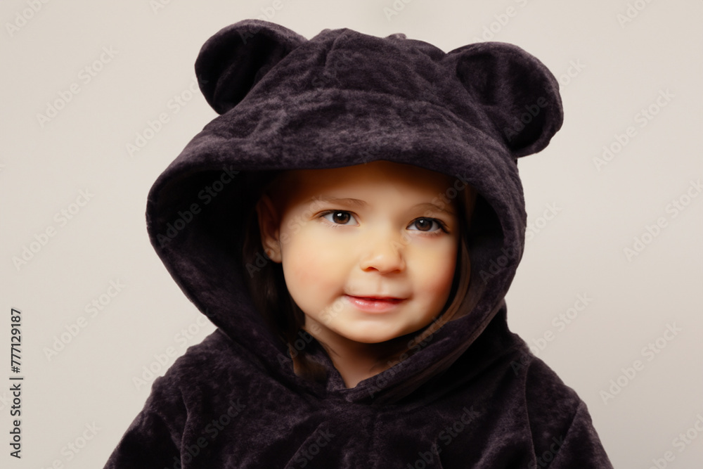 child in a suit. little beautiful girl sitting on a light background in a brown bear costume, outfit concept child in a suit. little beautiful girl sitting on a light background in a brown bear costume, outfit concept