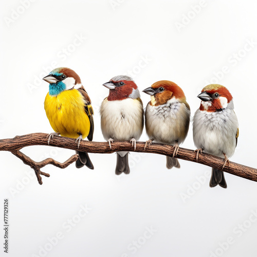 colorful sparrows sitting on branch isolated on white background сreated with Generative Ai