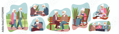 Old man. Elder life, happy senior woman and man. Read at house, playing chess, watching tv, meeting friends, walking and knitting. Older grandmother daily, adult hobby, household, lifestyle. Vector