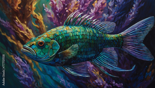 In a mesmerizing gouache painting, a shimmering quantum quillback fish swims gracefully