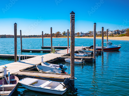 Onset Beach Marina Seascape with moored boats and dock at the harbor in Wareham, Massachusetts, USA