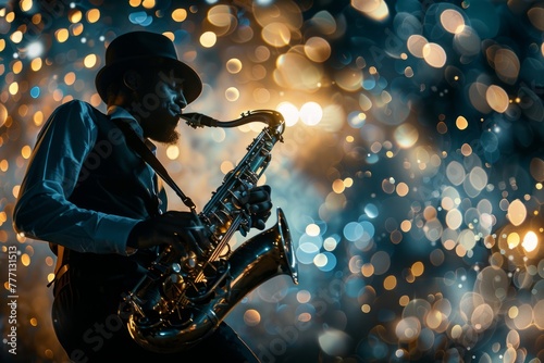 Saxophonist Enthralls with Soulful Melody Amidst Sparkling Lights
