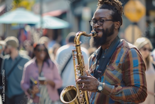 Smiling Sax Player Interacting with Passersby in City Performance